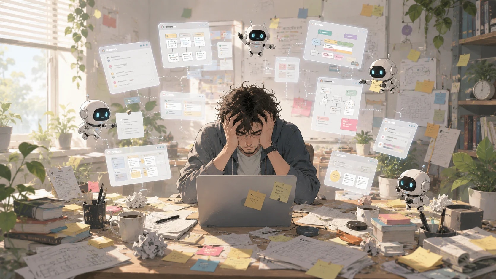 Developer overwhelmed by AI coding bots and floating project panels at a messy desk