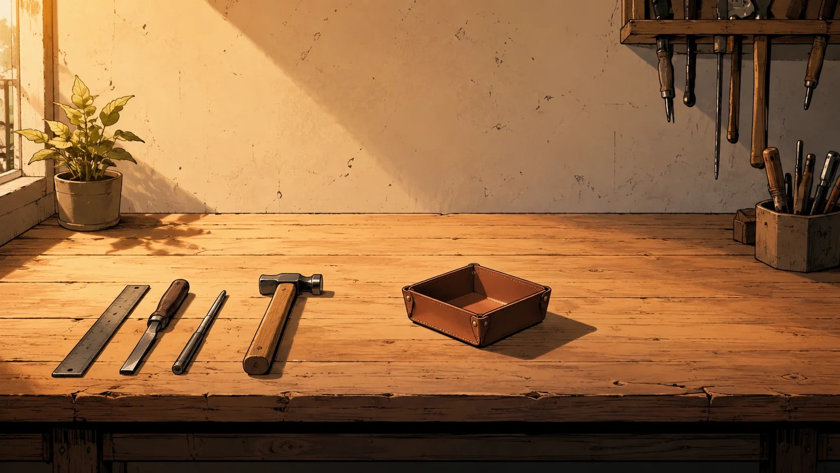A solo founder's desk holding a toolkit of cheap and free tools instead of a stack of investor cash