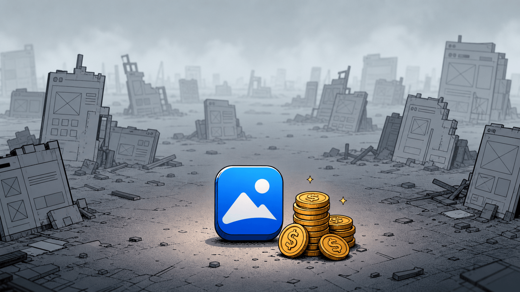 Finished micro SaaS product with recurring revenue coins stacking beside it while abandoned half-built wireframes fade into background