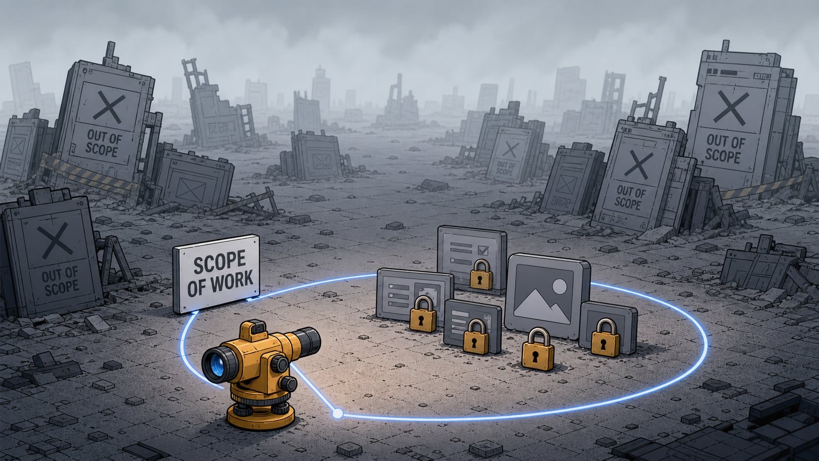 Scope of work boundary: locked in-scope deliverable cards inside a glowing perimeter while out-of-scope feature signs are blocked outside in a ruined landscape
