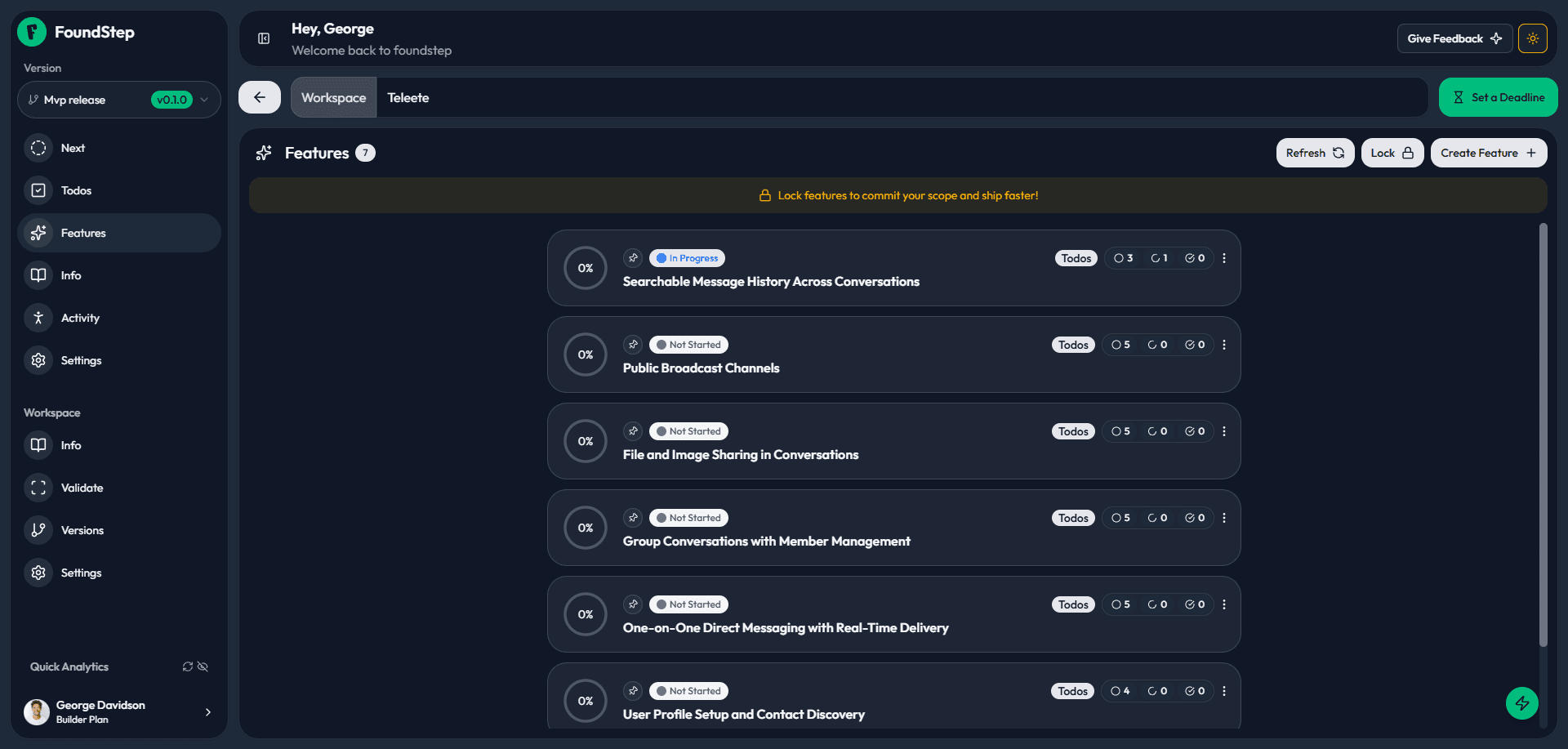 FoundStep feature list with scope lock warning banner lock your features to commit your scope