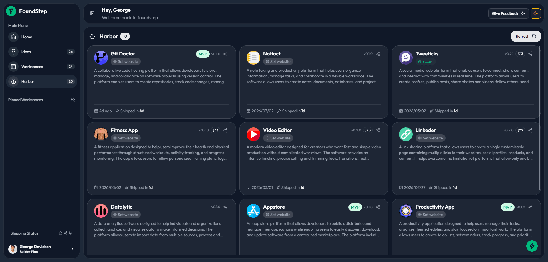 FoundStep Harbor a wall of wins showing all shipped projects with name, category, and stats