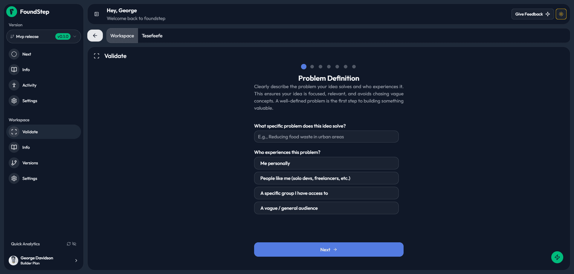FoundStep validation wizard guided 7-step questionnaire to validate your idea before building