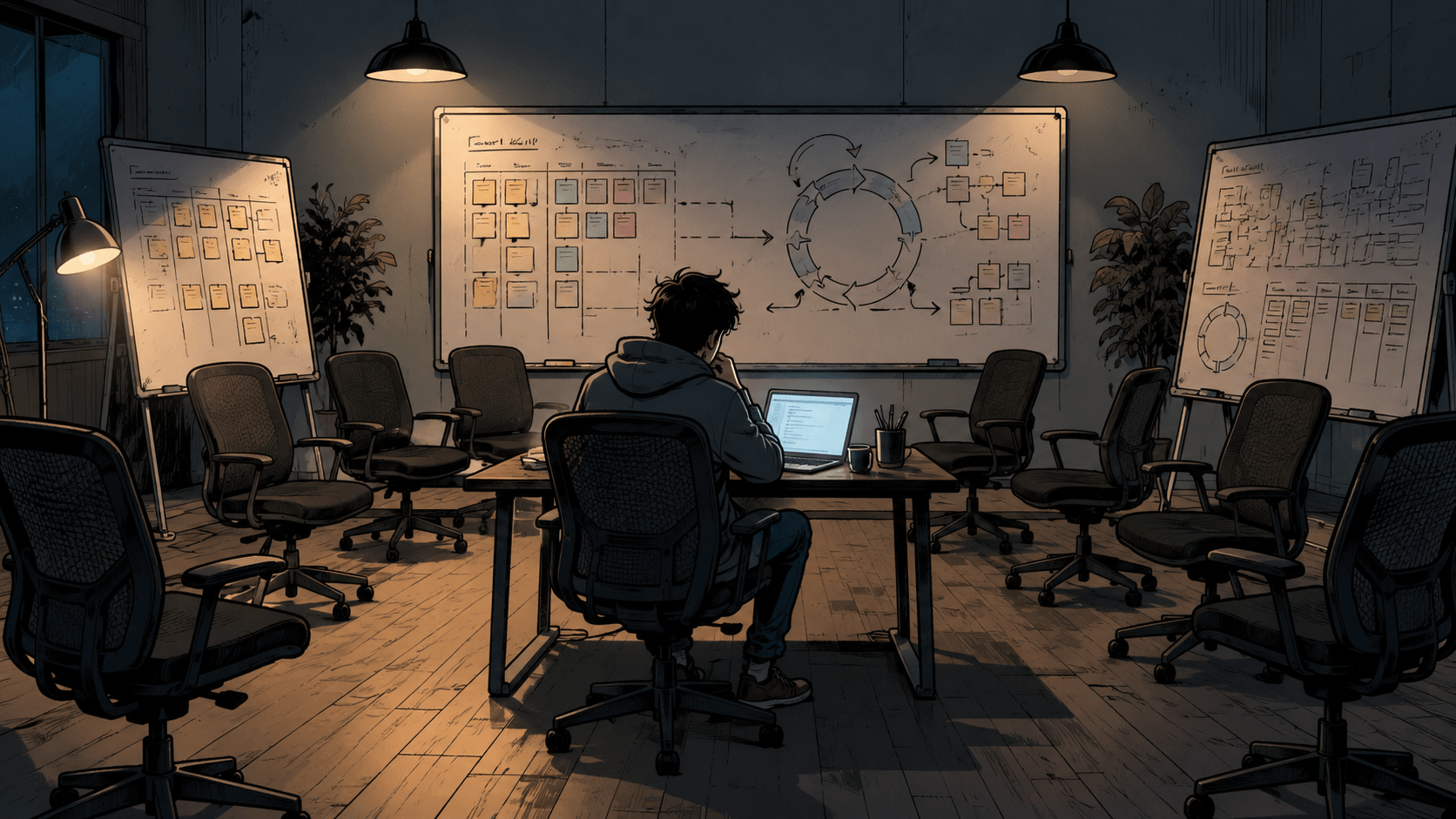 Solo developer alone at a desk surrounded by empty chairs and unused whiteboards covered in Scrum diagrams