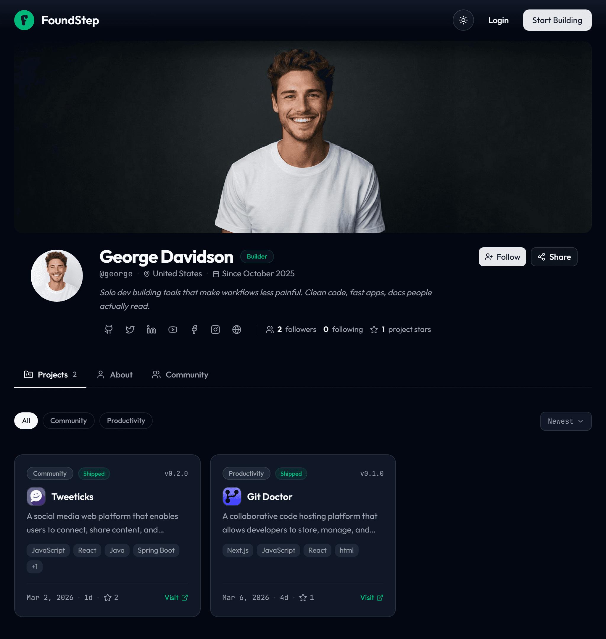 FoundStep Public Developer Profile - a public portfolio page showing shipped projects, bio, social links, follower counts, and a filterable project grid