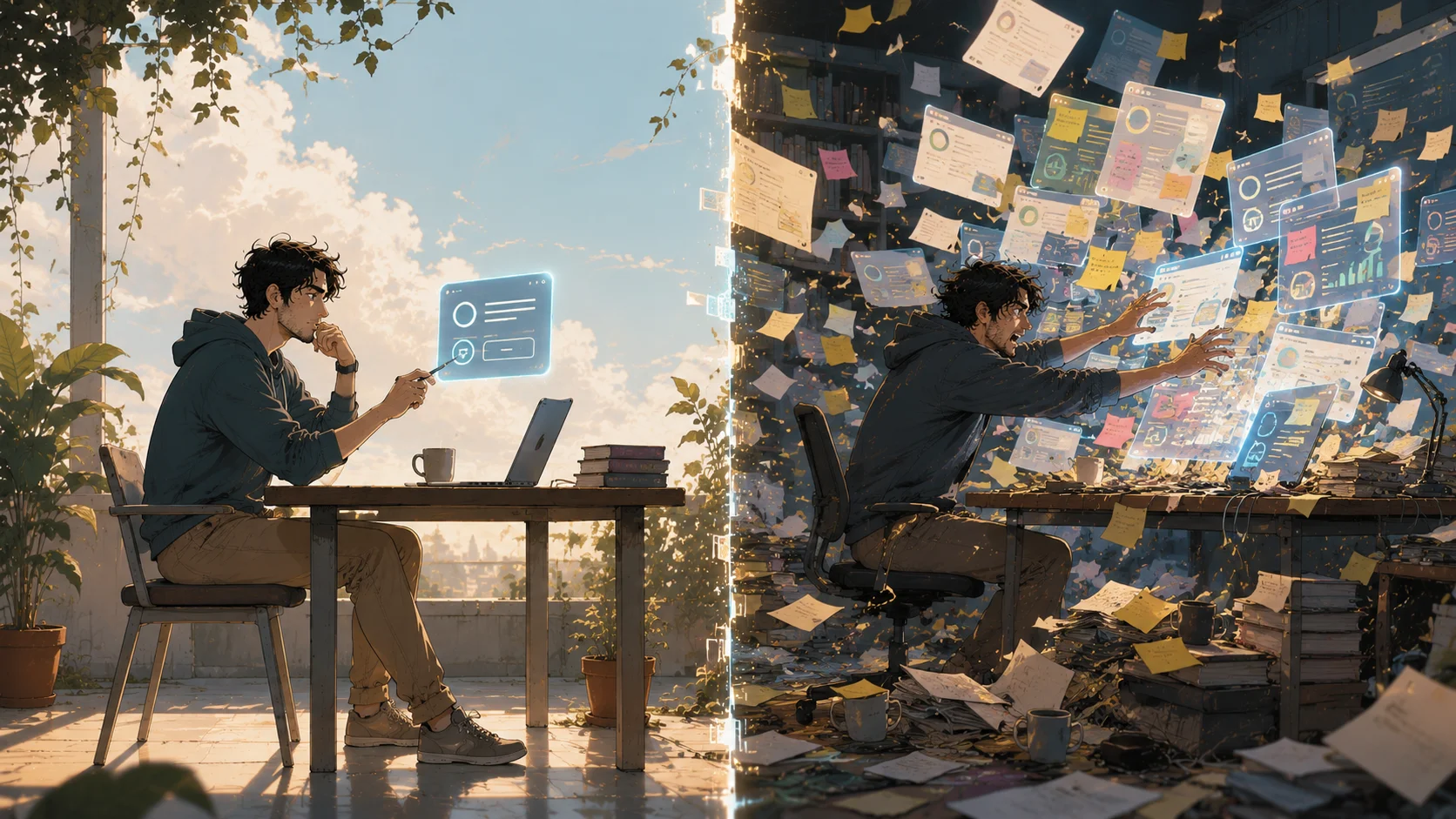 Focused developer with a clean minimal workspace on the left versus a developer buried in chaotic notes and floating tabs on the right