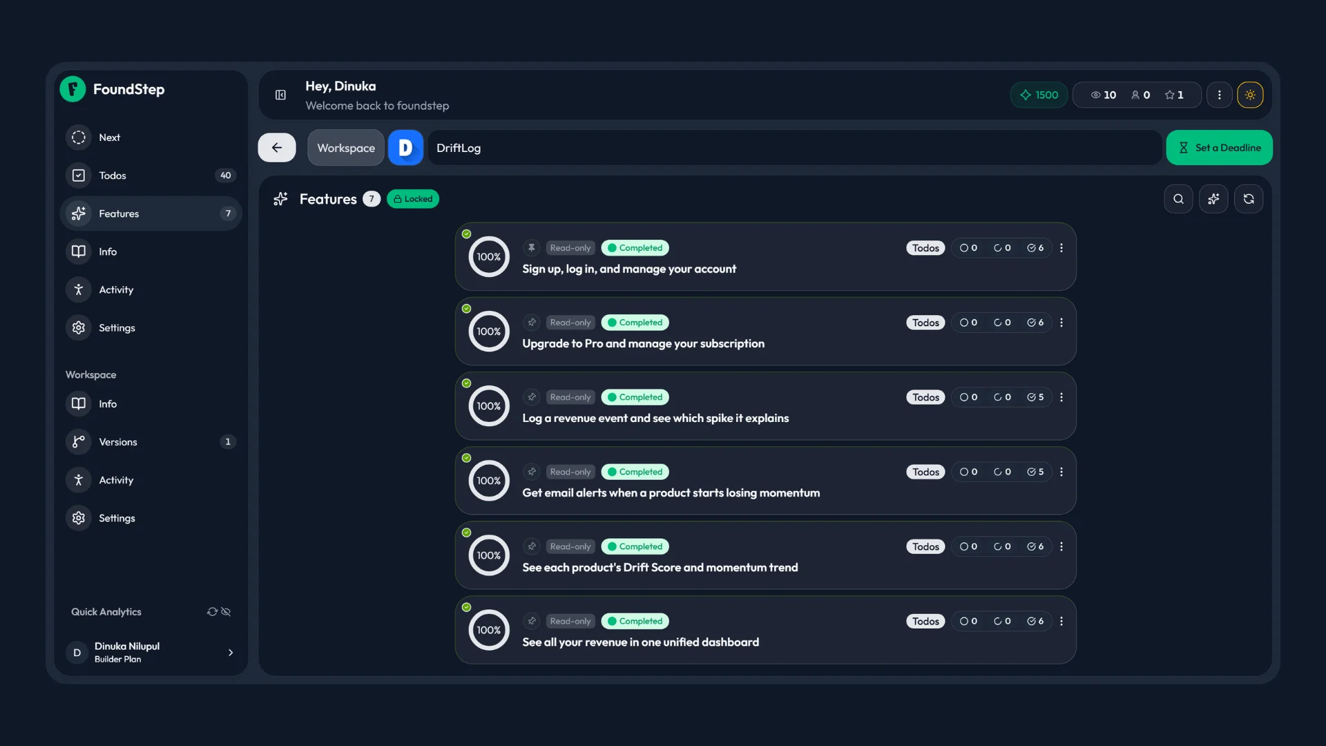 FoundStep workspace showing feature planning and task management for a solo developer project