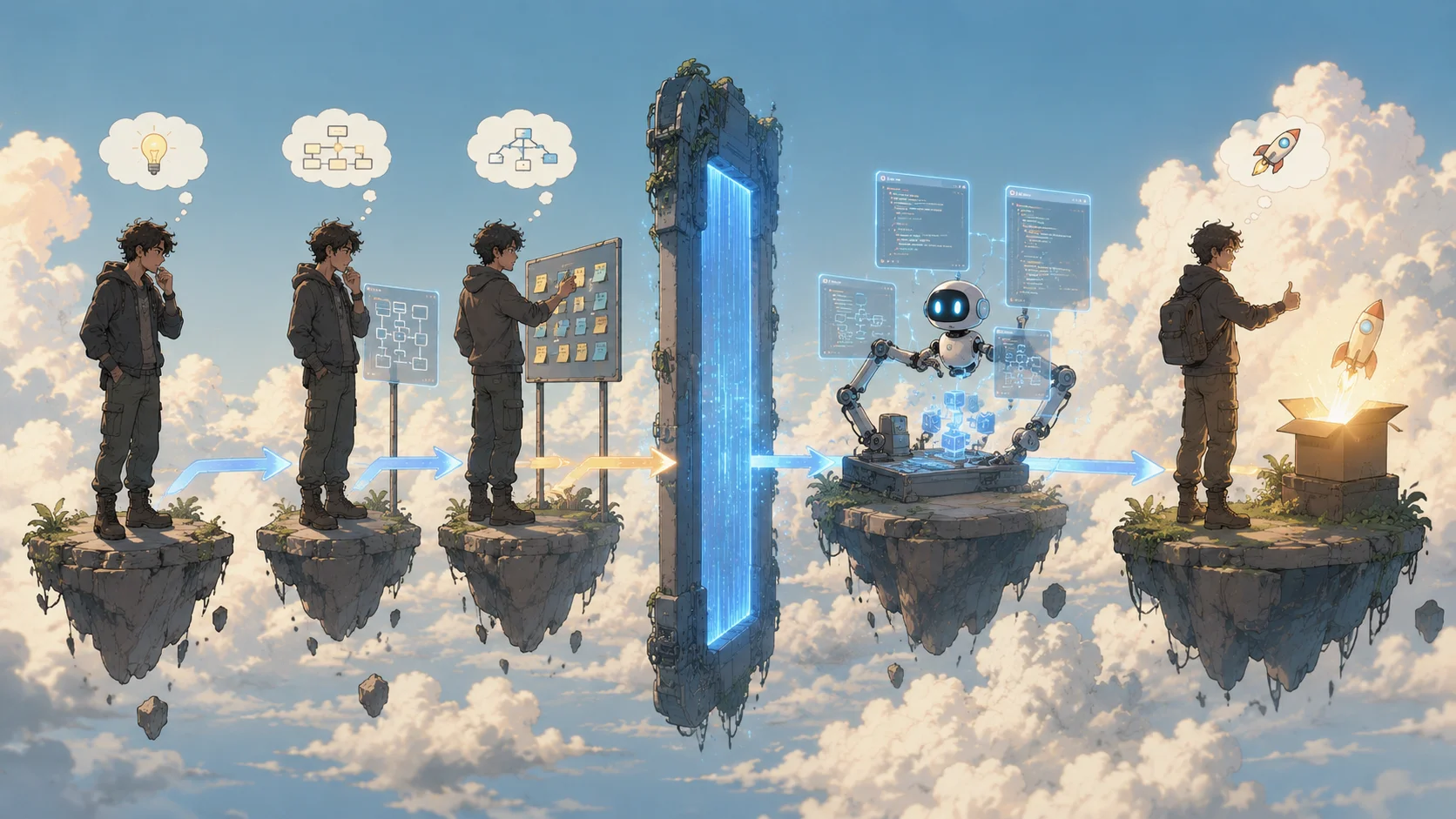 Solo developer moving through floating island stages from idea to AI-powered execution to product launch