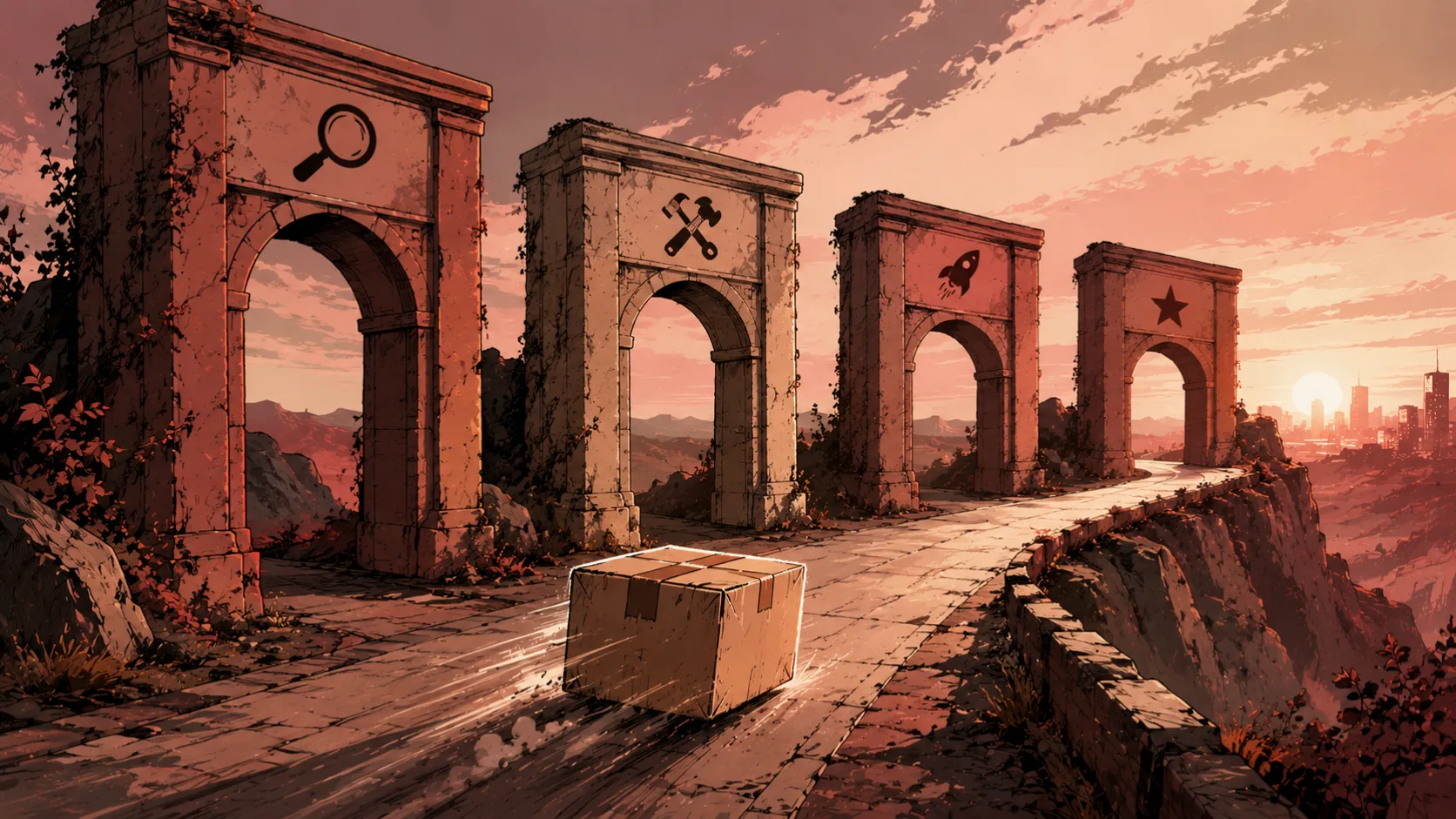 Four stone gates along a single path with a product box rolling through, representing the validate, build, launch and grow phases
