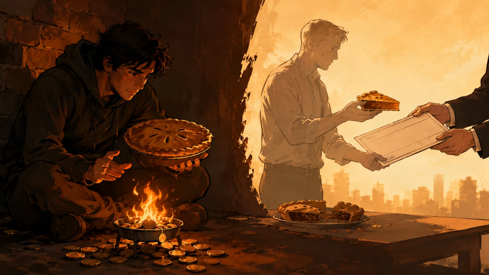 A solo founder warming their hands at a small fire fed by their own coins while a faded figure trades a slice of pie for a check