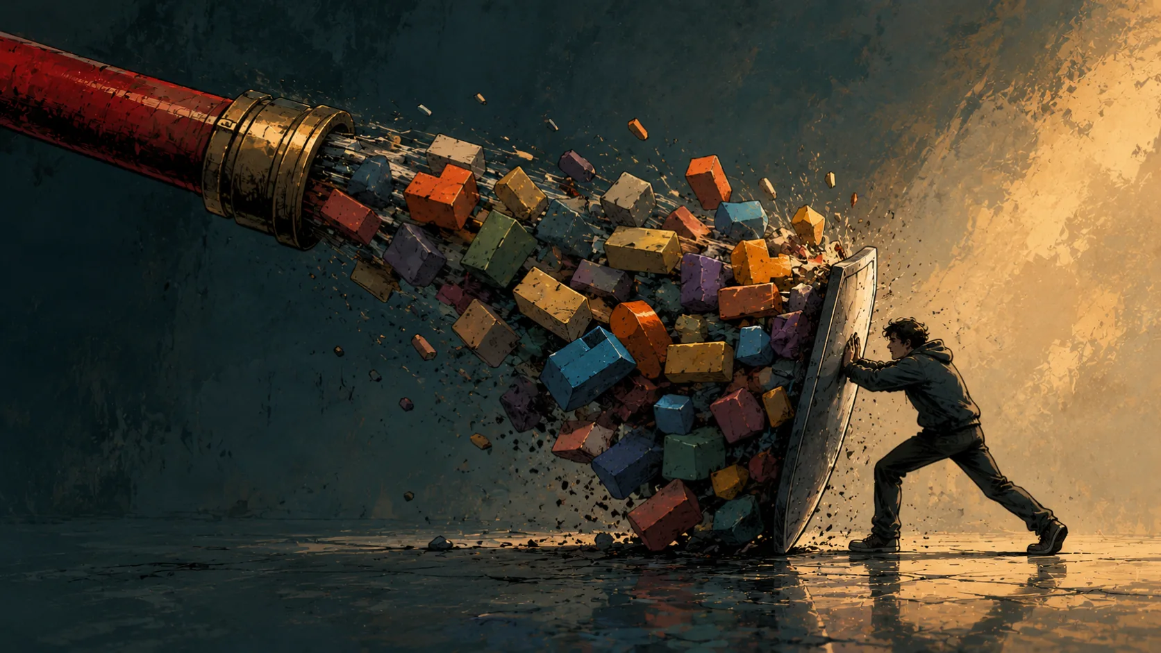 A small figure bracing a shield against a flood of colorful blocks blasting out of a firehose