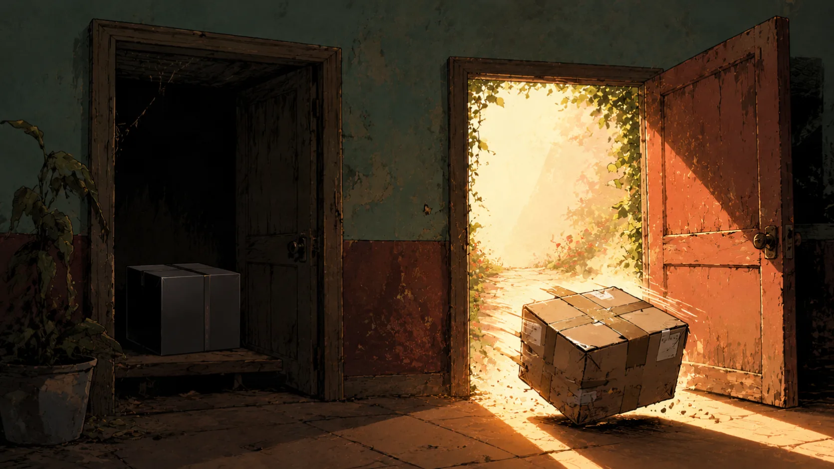 A battered cardboard box tumbling out of a bright open door into daylight while a clean white box sits unused in a dark room