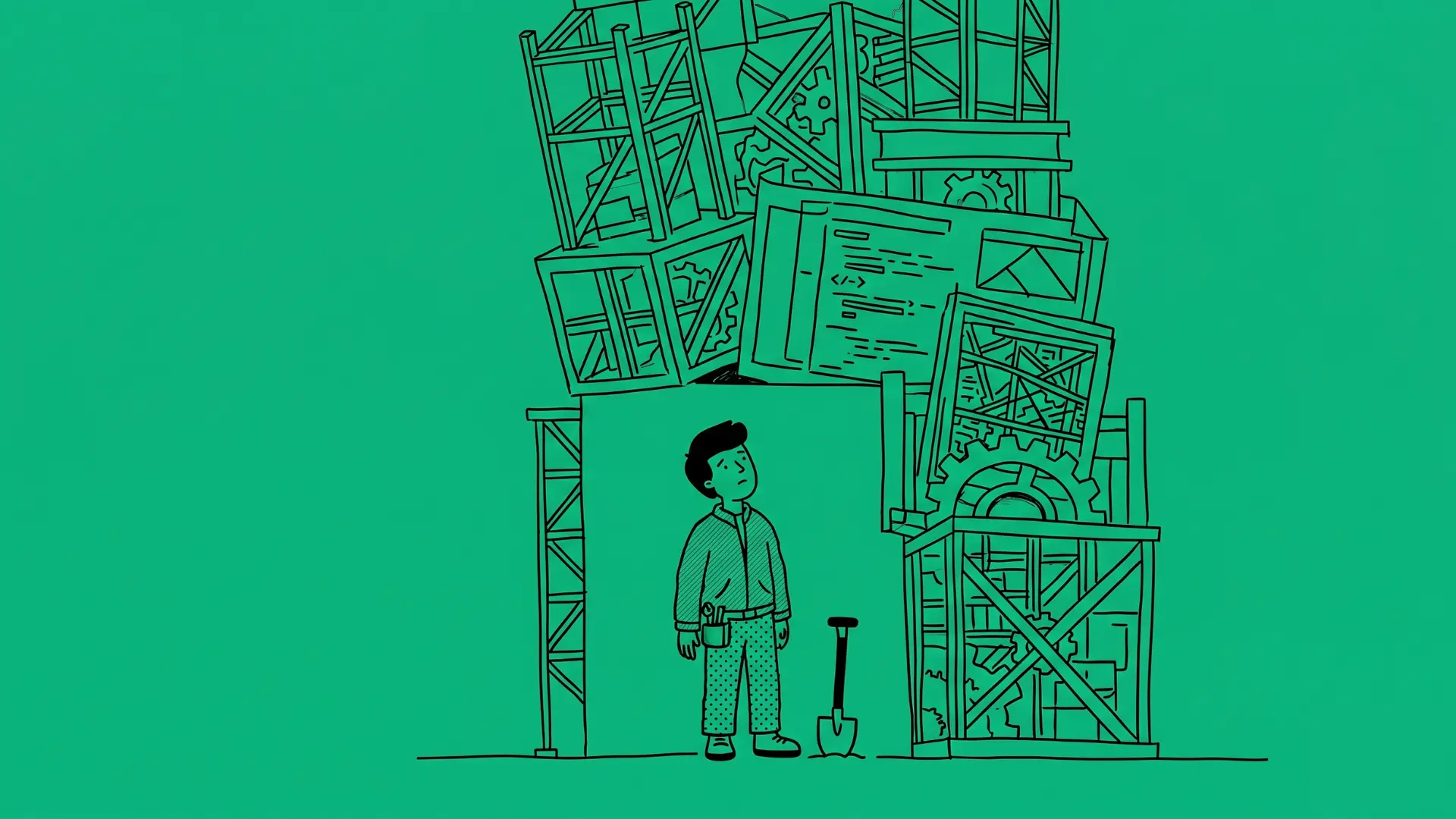 Solo founder dwarfed by a towering, overscoped SaaS project structure