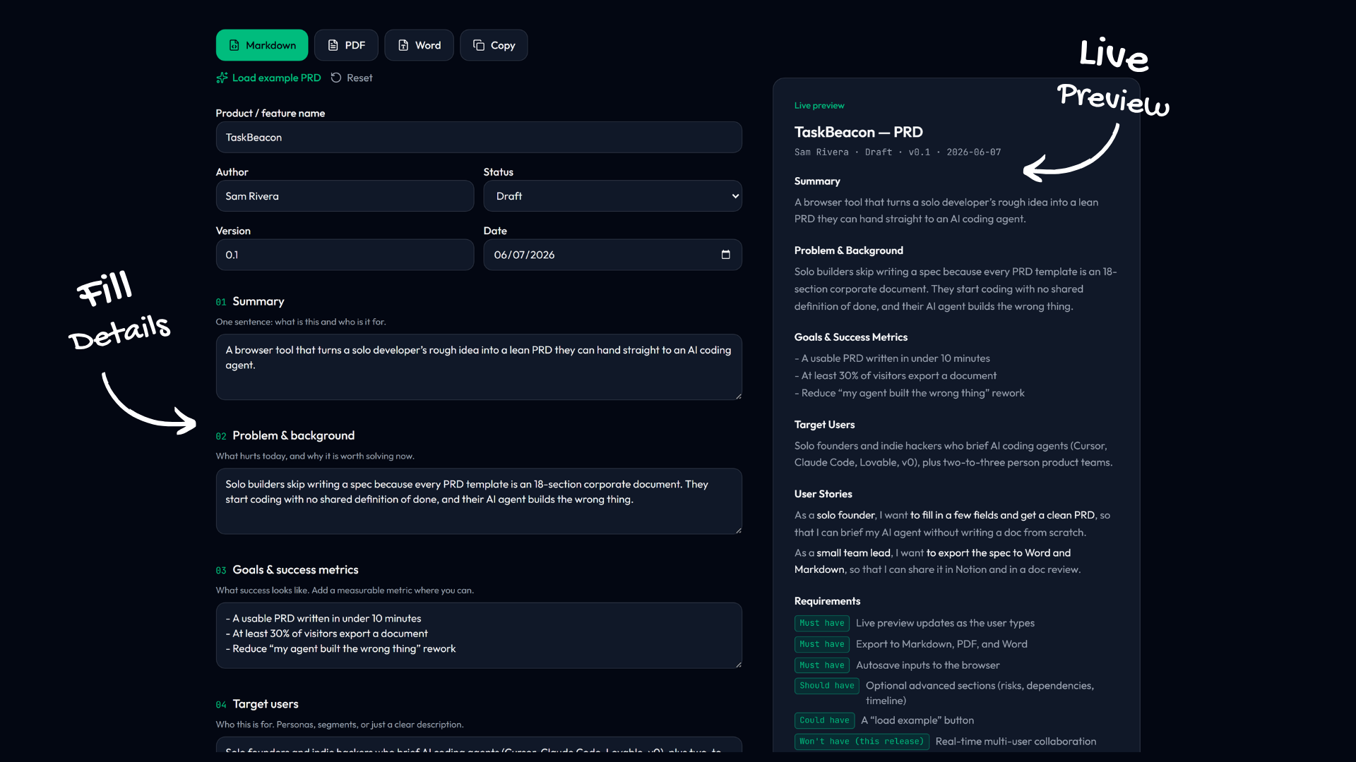 PRD builder interface with form fields on left and live Markdown preview on right showing a completed product requirements document
