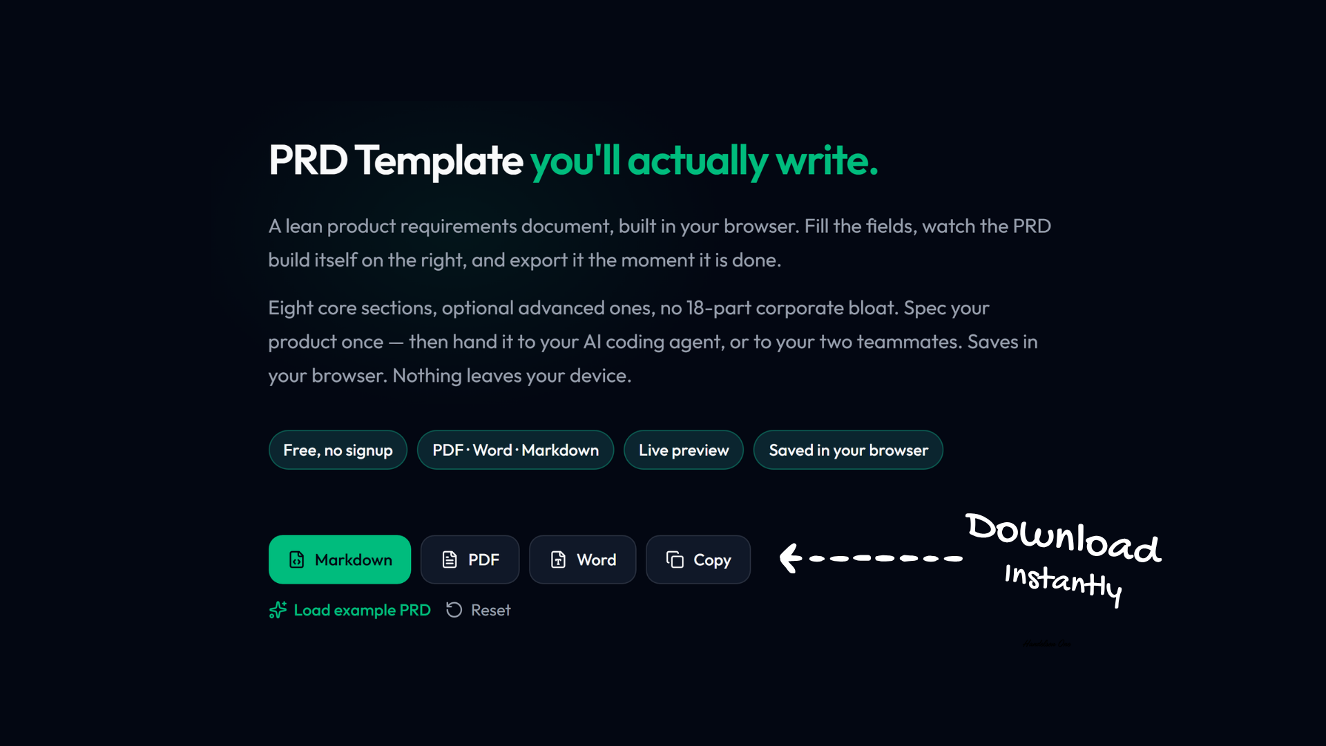 PRD template export options with Markdown, PDF, Word, and Copy buttons for instant download