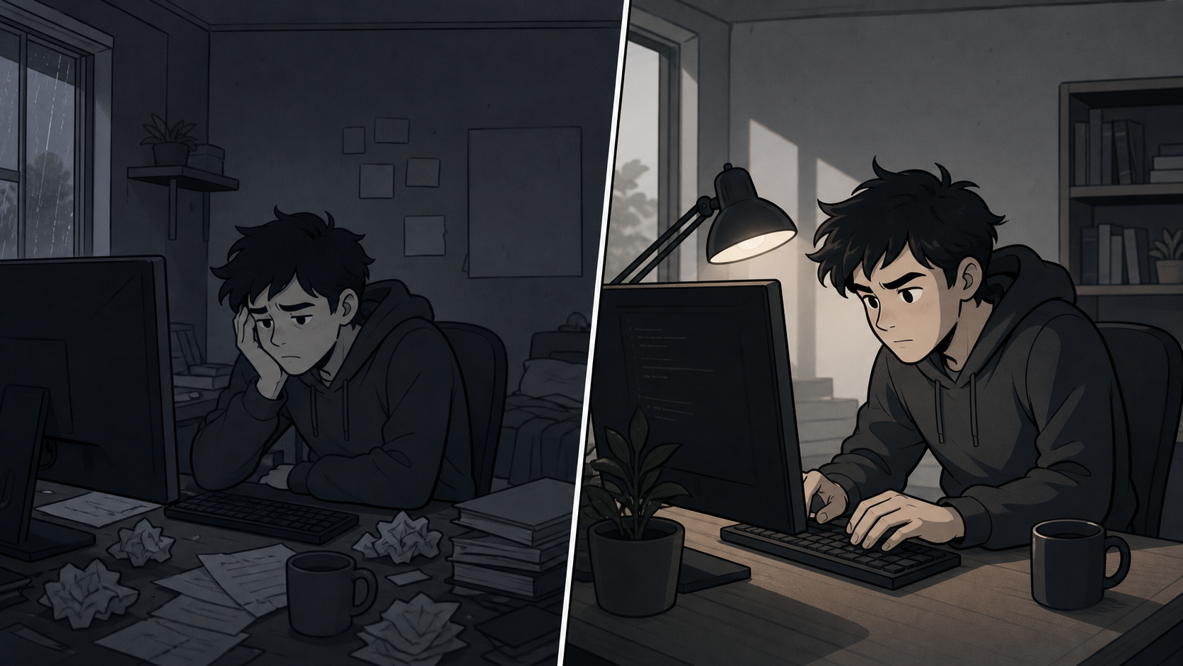 Split image showing a developer staring at an empty code editor vs the same developer actively coding with a clear task list visible