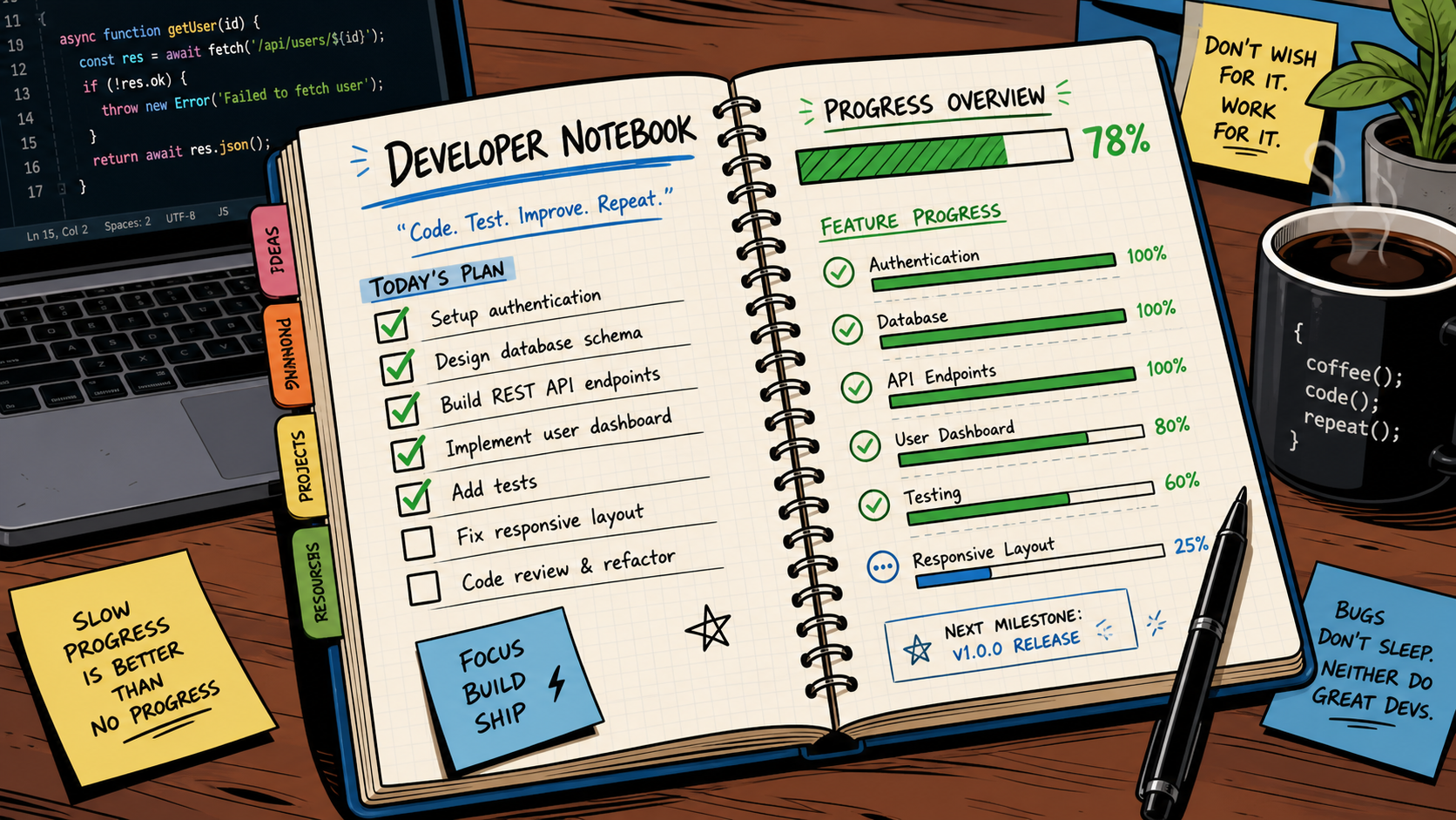 Screenshot of a simple progress log showing daily entries with concrete completed tasks and next steps