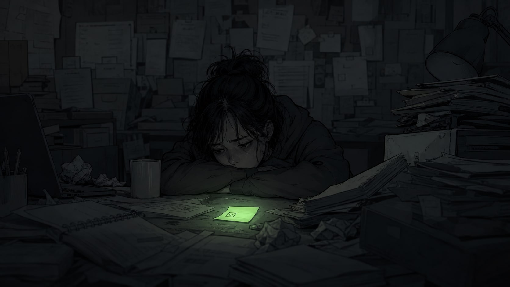 A tired person slumped in a dim room buried in clutter, with one small task glowing green as the only visible next step on a low-energy day