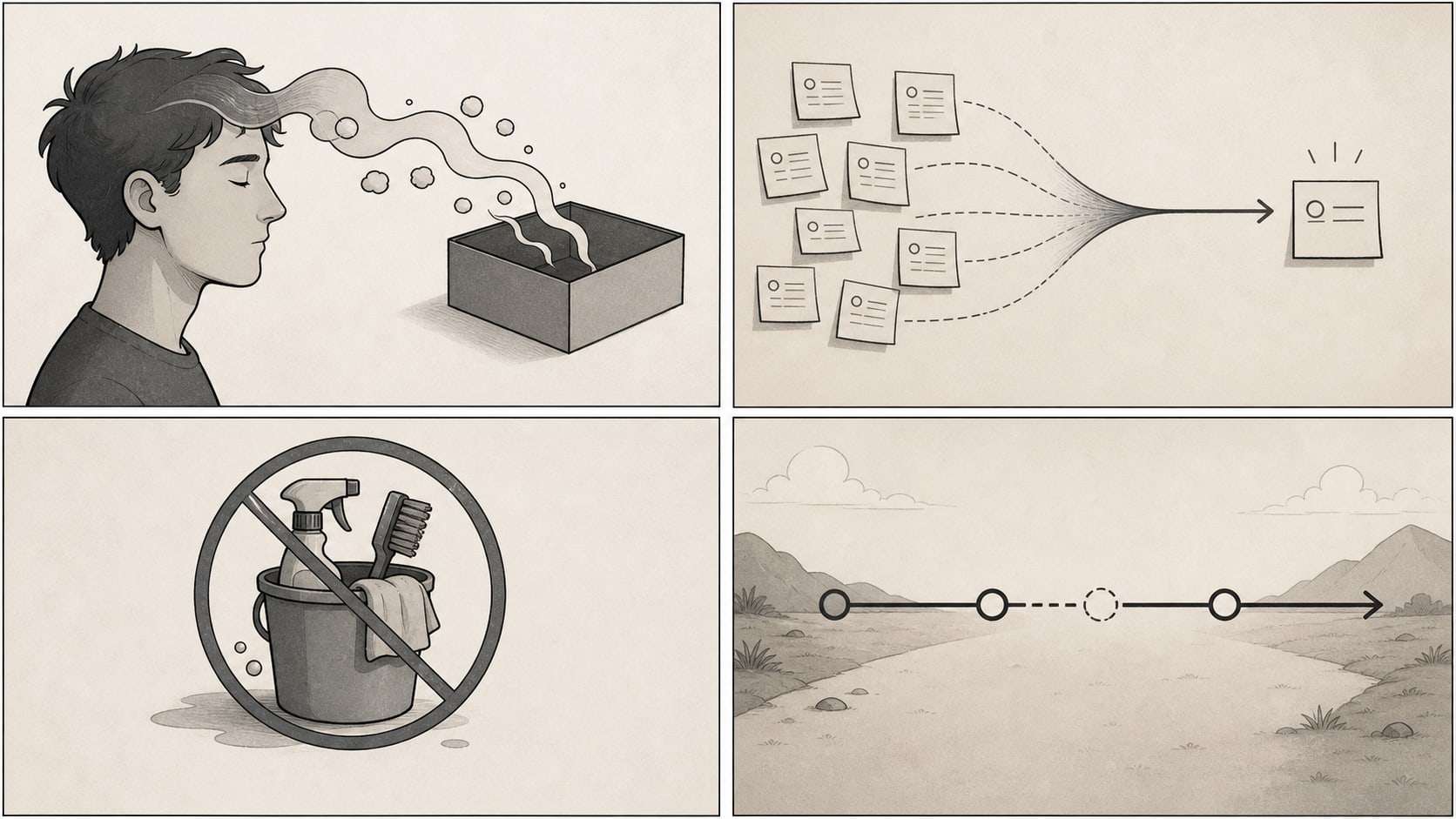 Four traits of a self-running productivity system shown as panels: offloading tasks out of your head into an external box, narrowing many tasks down to one, no maintenance ritual to keep up, and a path that continues unbroken past a skipped day