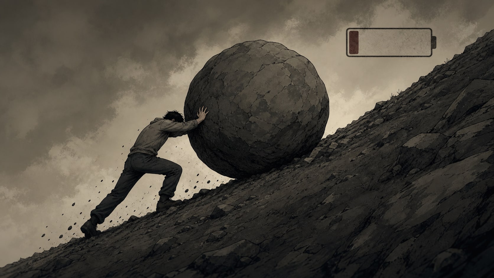 A person straining to push a heavy boulder uphill while a battery icon drains to empty, showing how willpower-based productivity runs out of energy on a hard day