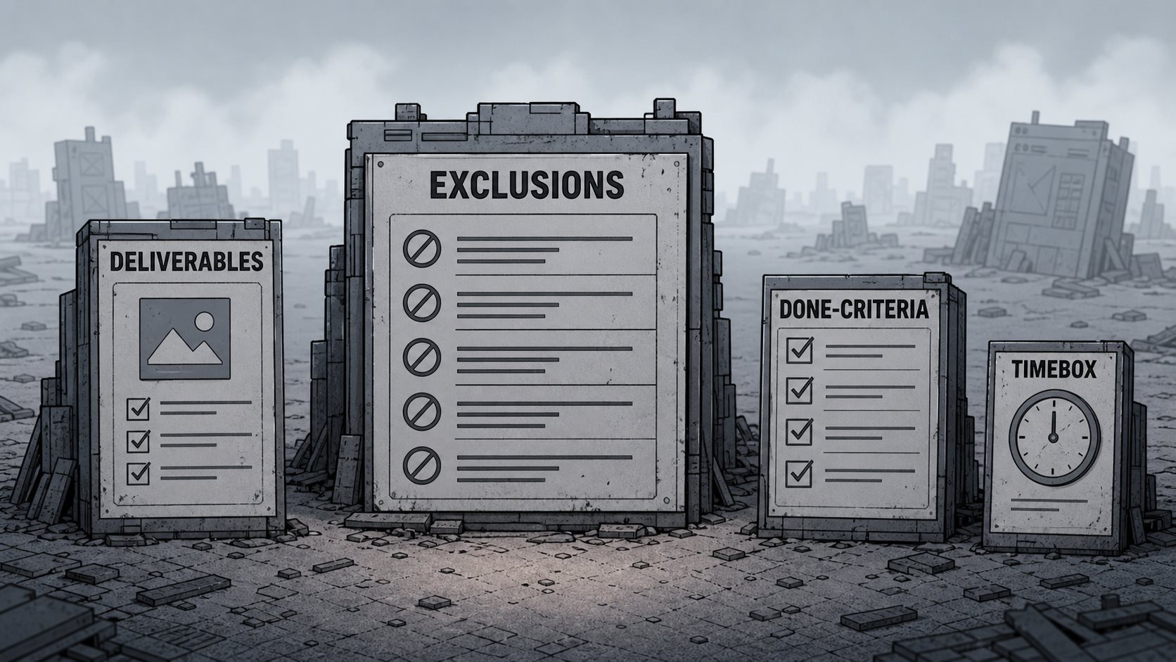 The four parts of a one-page solo developer scope of work shown as panels: Deliverables, a large central Exclusions list, Done-criteria, and Timebox