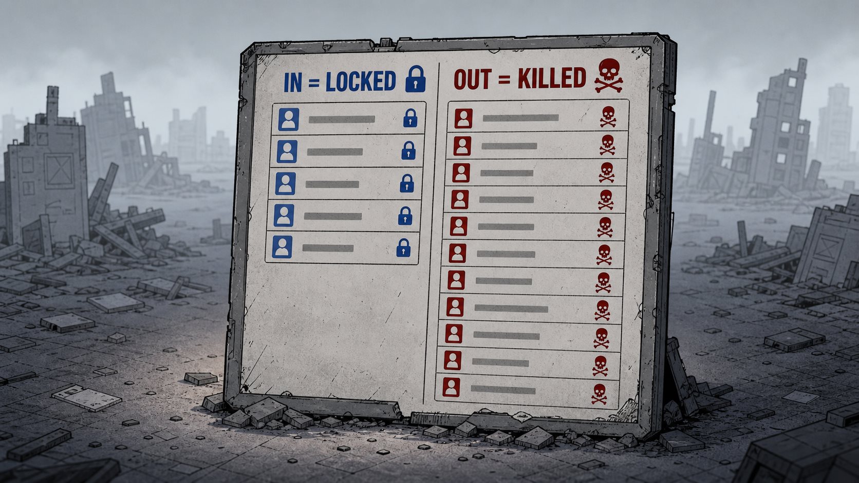 Solo developer scope of work as two columns: an In = Locked column of blue locked deliverables versus an Out = Killed column of crossed-out features marked for the cut