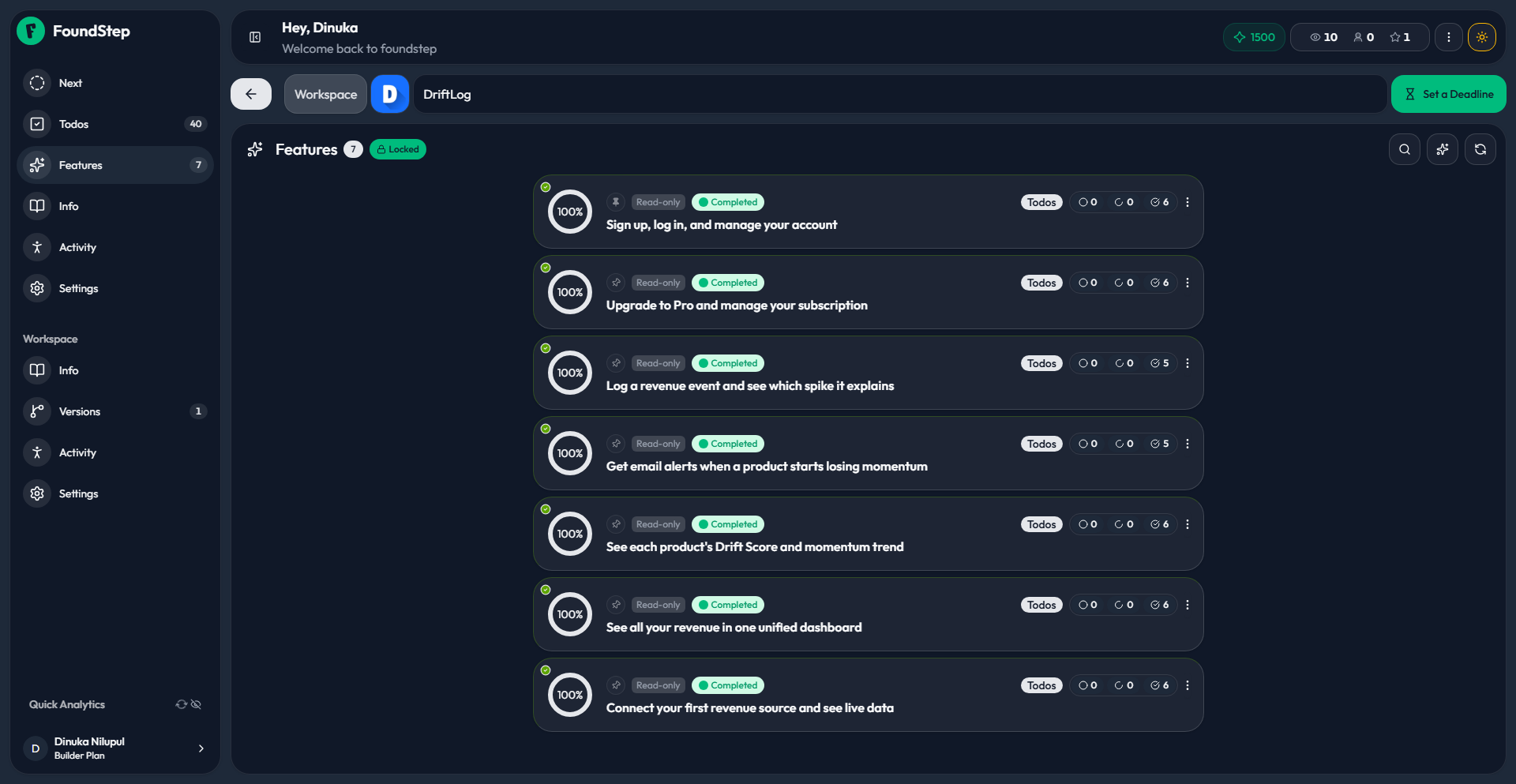 FoundStep project workspace showing feature planning and scope-locking interface for a solo developer sprint