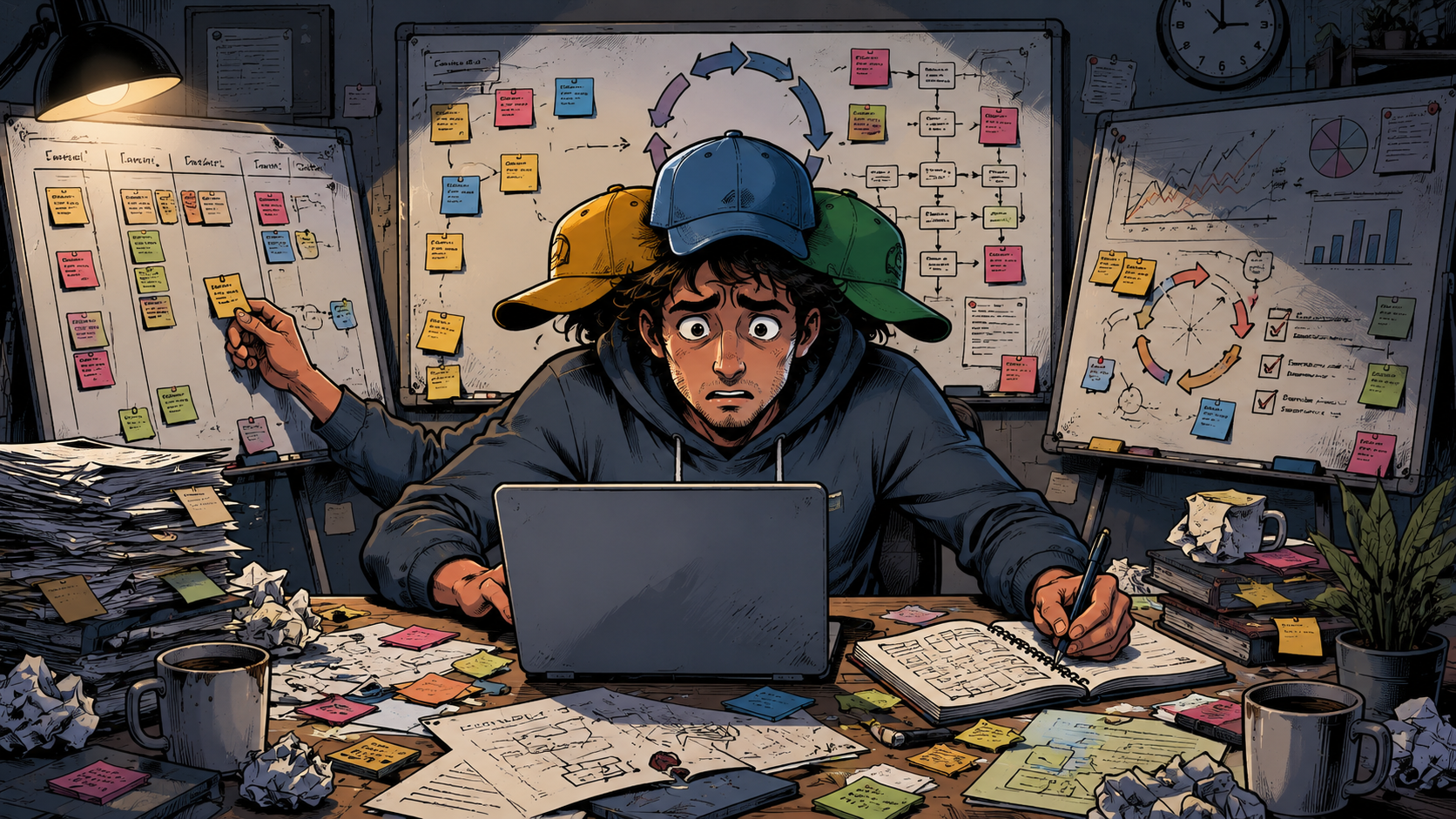One person wearing three hats — product owner, developer, and scrum master — simultaneously