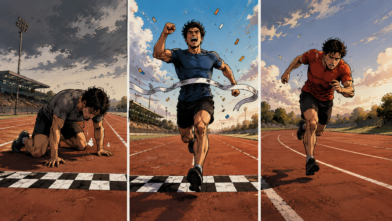 Three runners on a track comparing 1-week, 2-week, and 3-week solo sprint lengths
